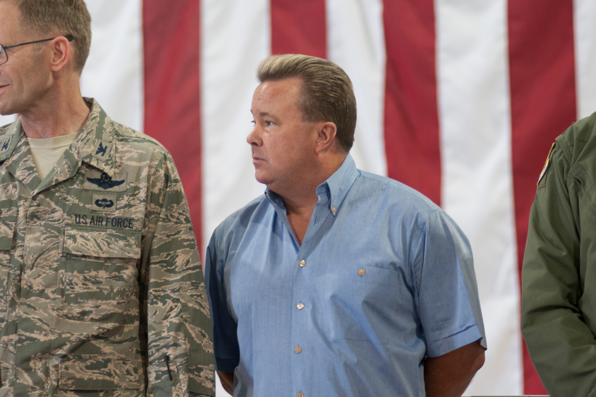 Honorary Reconnaissance Group commander Patrick Sniezek stands beside Col. Jeffrey Butler, commander of the 162nd Maintenance Group, during the honorary commander welcoming ceremony at the wing’s annual award ceremony April 12. The Honorary Commander Program is a civic outreach initiative to help community leaders learn more about the Air National Guard and its mission, and to help military leaders of the 162nd learn more about the community in which they live. (U.S. Air National Guard photo/Tech. Sgt. Hollie Hansen)