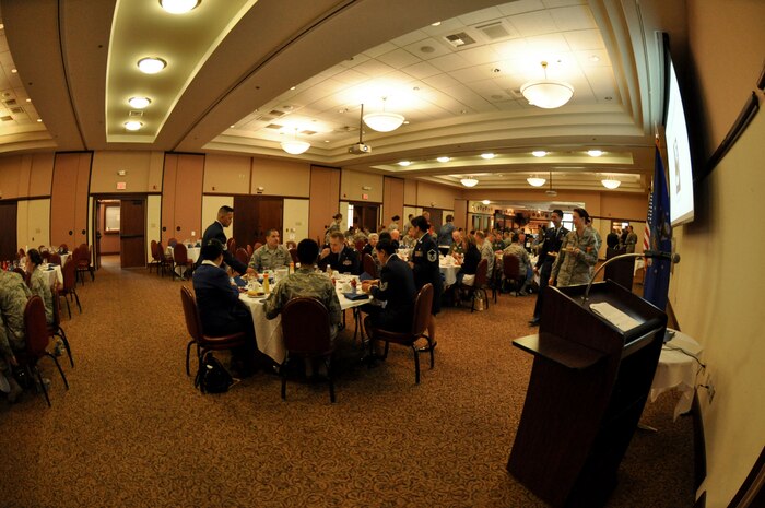 Members of Team Beale gather to honor the Days of Remembrance with a commemorative “Learning from the Holocaust: Choosing to Act” themed breakfast held at Beale Air Force Base, Calif., April 17, 2015. The Days of Remembrance were created for civic commemorations and special educational programs that help citizens remember and draw lessons from the Holocaust. (U.S. Air Force photo by Airman 1st Class Taylor A. Workman/Released)