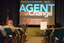 Jeffrey Bucholtz, We End Violence organization director, speaks to Airmen about the dangers of sexual violence and what can be done to help stop it during a presentation at Malmstrom’s auditorium Sept. 12, 2014. During the presentation, Bucholtz challenged Airmen to help abolish the culture of sexual discrimination and violent behavior. (U.S. Air Force photo/Airman 1st Class Collin Schmidt)