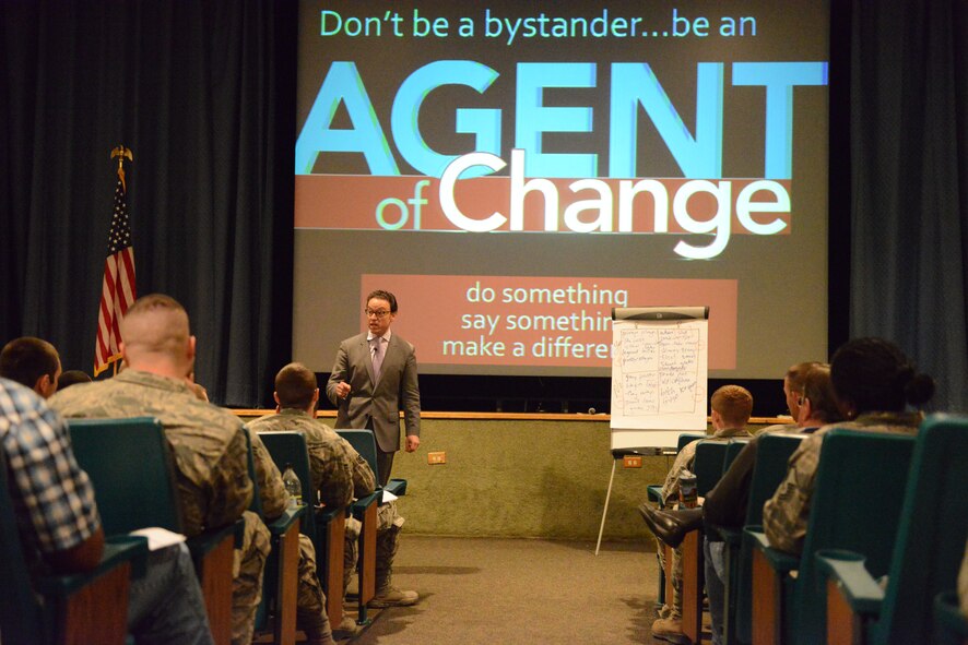 Jeffrey Bucholtz, We End Violence organization director, speaks to Airmen about the dangers of sexual violence and what can be done to help stop it during a presentation at Malmstrom’s auditorium Sept. 12, 2014. During the presentation, Bucholtz challenged Airmen to help abolish the culture of sexual discrimination and violent behavior. (U.S. Air Force photo/Airman 1st Class Collin Schmidt)