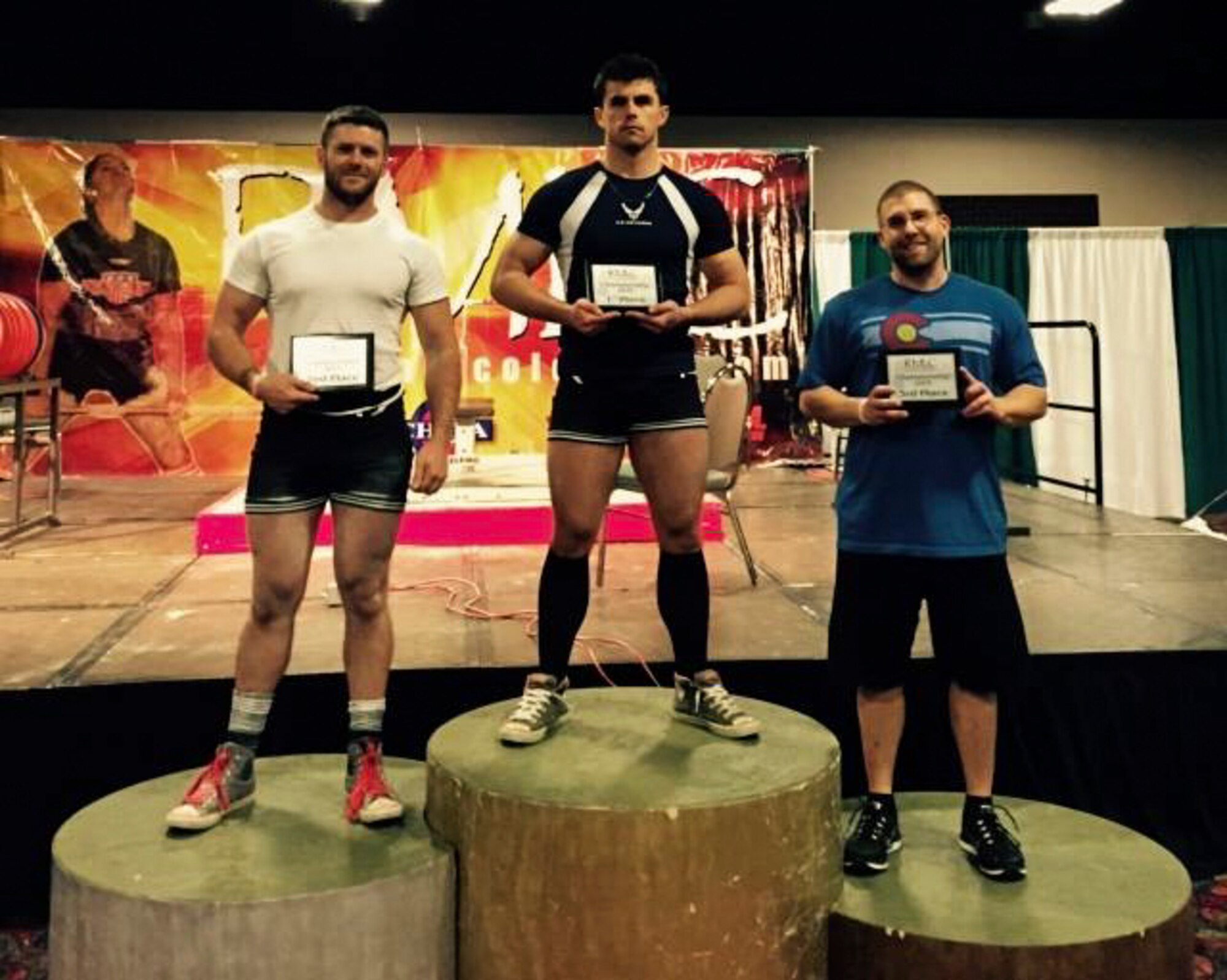Senior Airman Jacob Horton, 460th Contracting Flight, wins first place at his first ever powerlifting competition in February 2015 in Colorado. He began powerlifting while on deployment and has been competing successfully since then. (Courtesy Photo)