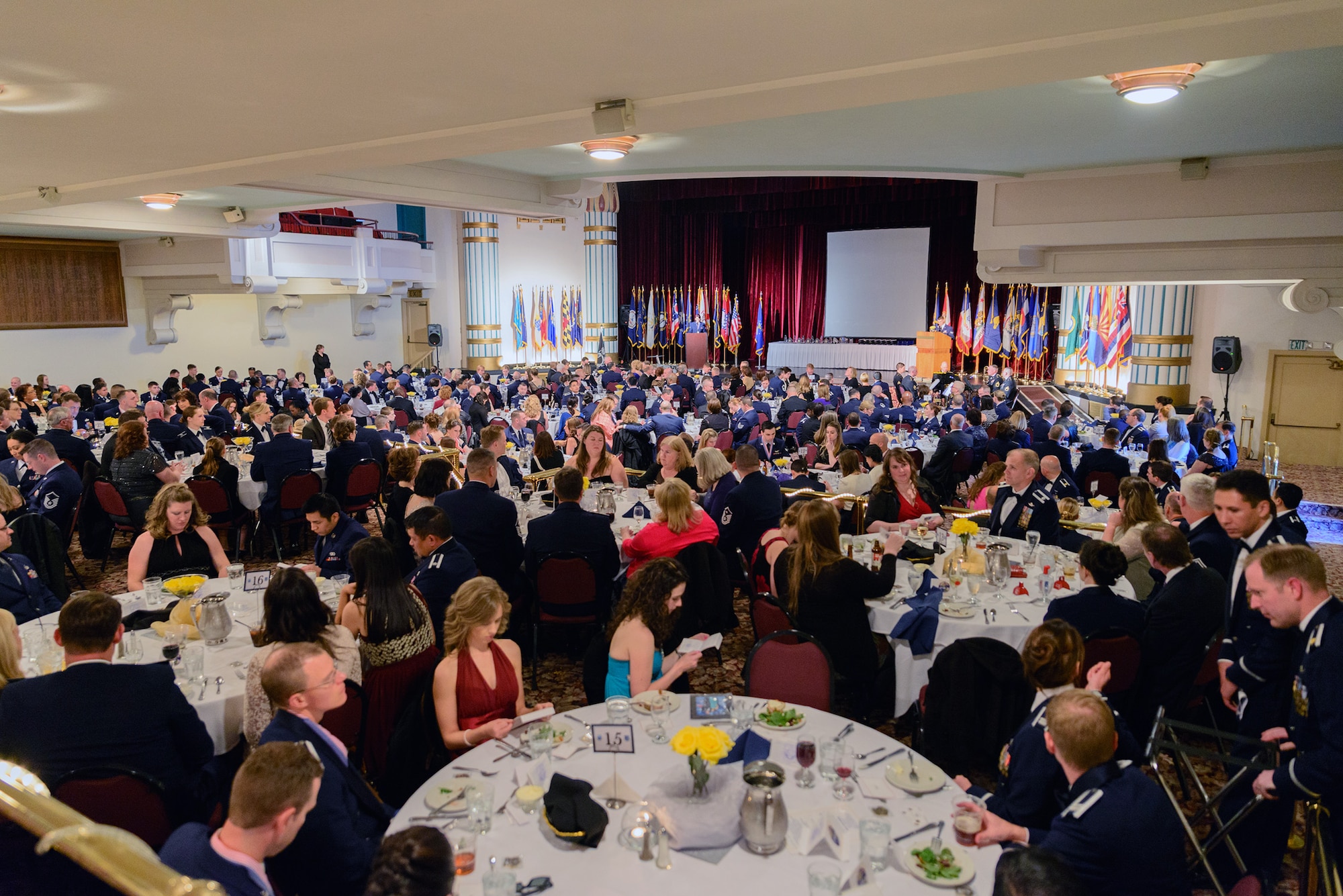About 500 wing Reservists, civilians, and family members eat dinner at the 2015 446th Airlift Wing Awards Banquet at the Landmark Convention Center, Tacoma, April 11 in anticipation of honoring wing's quarterly and annual award recipients for 2014. (Courtesy photo by David Lobban Photography)