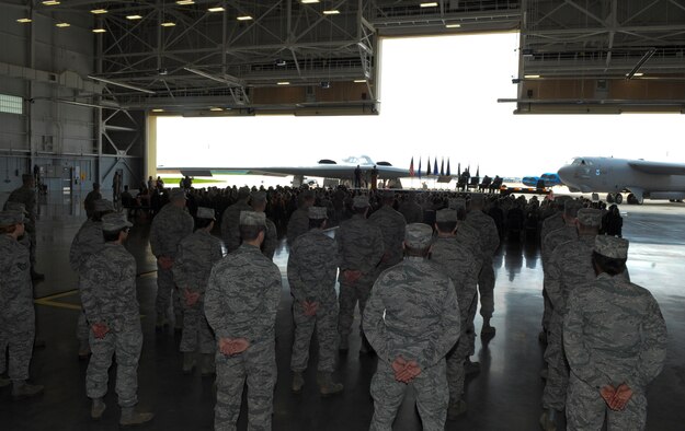 Members of the “Mighty Eighth” stand during the Eighth Air Force change of command ceremony on Barksdale Air Force Base, La., April 17, 2015. The Eighth Air Force, originally the VIII Bomber Command, was activated as part of the U.S. Army Air Force Feb. 1, 1942 at Langley Field, Va. Today the “Mighty Eighth” is headquartered at Barksdale AFB, and is one of two active duty numbered air forces in Air Force Global Strike Command. (U.S. Air Force photo/Senior Airman Kristin High)
