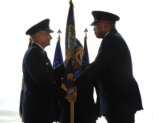 Maj. Gen. Richard Clark assumes command of the Eighth Air Force, Joint Functional Component Command for Global Strike, and Task Force 204 from Lt. Gen. Jim Kowalski, U. S. Strategic Command vice commander, during the Eighth Air Force change of command ceremony on Barksdale Air Force Base, La., April 17, 2015. The mission of the "Mighty Eighth" is to safeguard America's interests through strategic deterrence and global combat power. Clark previously served as the vice commander of Air Force Global Strike Command. (U.S. Air Force photo / Senior Airman Jannelle Dickey)         