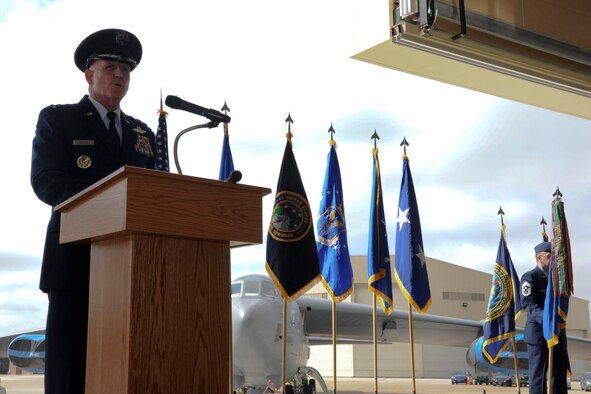 Lt. Gen. Stephen Wilson, Air Force Global Strike Command commander, speaks during the Eighth Air Force change of command, on Barksdale Air Force Base, La., April 17, 2015. Maj. Gen. Richard Clark took command of the Eighth Air Force, Joint Functional Component Command for Global Strike, and Task Force 204. (U.S. Air Force photo / Senior Airman Jannelle Dickey)