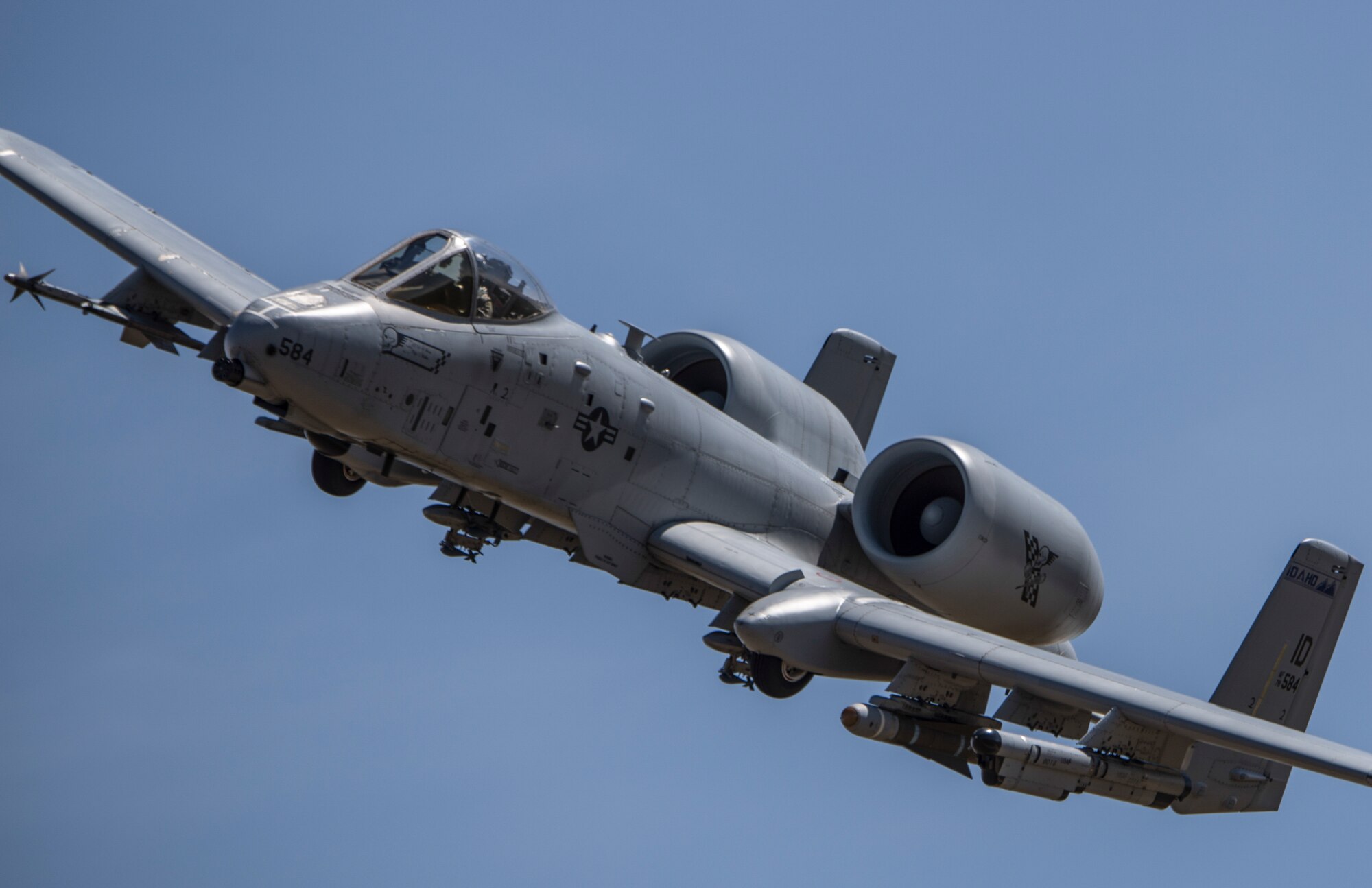 An A-10 Thunderbolt II soars through the sky during Gunfighter Flag 15-2 at Saylor Creek Range, Idaho, April 15, 2015. The exercise consisted of realistic tactical scenarios to train joint service members for deployed missions to include aircraft missions. (U.S. Air Force photo by Staff Sgt. Roy Lynch III/Released)