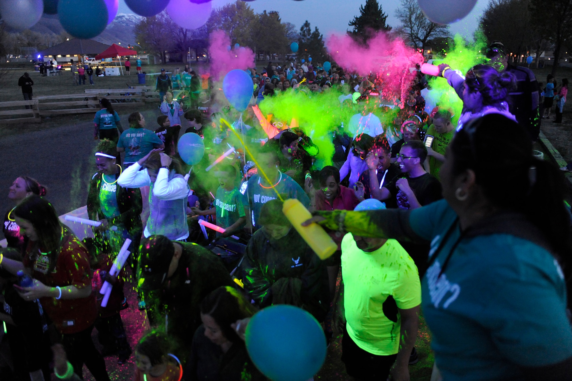 Families across Team Hill gathered for a Glow Run April 10 at Centennial Park. The event was held to bring awareness to sexual assault and child abuse prevention. For more information on sexual assault prevention programs at Hill, call 801-777-1985 or 801-777-1964. (Air Force photo/David Perry)