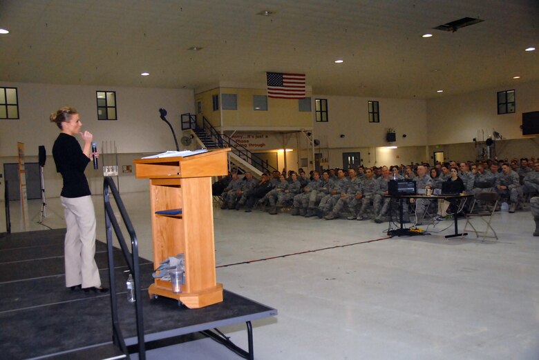 Kori Cioca, featured in the film "The Invisible War," speaks to 178th Wing Airmen at Springfield Air National Guard Base, Ohio, April 12, 2015. Cioca, a former member of the U.S. Coast Guard, gave testimony to how sexual assault affected her life and what Airmen can do to prevent it. (Ohio Air National Guard photo by Airman Rachel Simones/Released)