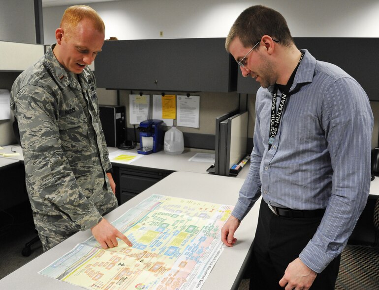 Second Lt. Matthew Ruden, acquisitions manager, Air Force Life Cycle Management
Center, F-15 program, discusses acquisition flow with Bryan Gardner, systems engineer,
AFLCMC, F-15 program. (Air Force photo by Michele Eaton)