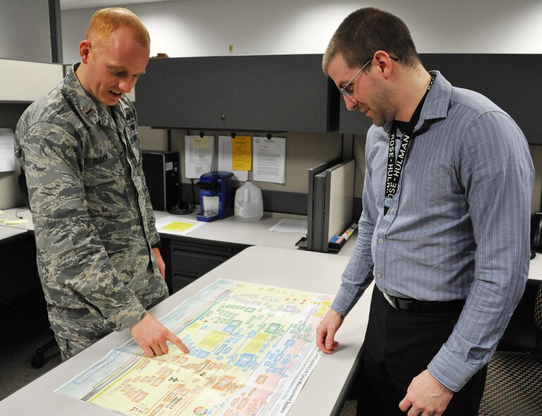Second Lt. Matthew Ruden, acquisitions manager, Air Force Life Cycle Management
Center, F-15 program, discusses acquisition flow with Bryan Gardner, systems engineer,
AFLCMC, F-15 program. (Air Force photo by Michele Eaton)
