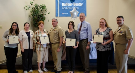 CAPT Timothy Sparks, Joint Base Charleston deputy commander, presents a volunteer appreciation award to Fleet and Family Support Center volunteers, April 16, 2015 at Joint Base Charleston – Weapons Station, S.C. National Volunteer Week (April 12-18, 2015) is a program established by the Points of Light. Points of Light was founded in 1990 by President George H.W. Bush as an independent, nonpartisan, nonprofit organization to encourage and empower the spirit of service. (U.S. Air Force photo/Staff Sgt. AJ Hyatt)

