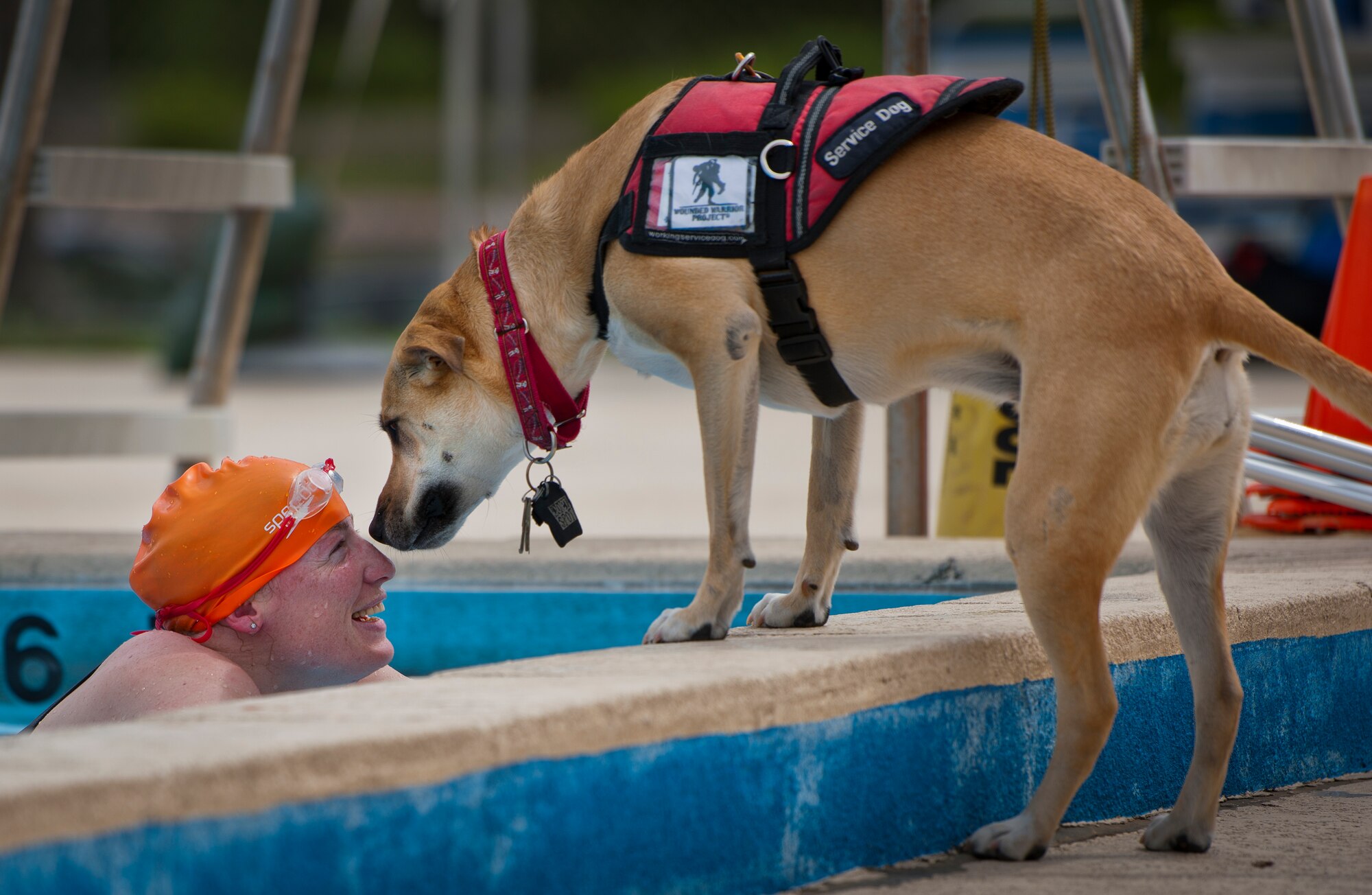 Melissa Gonzales, an Air Force Wounded Warrior athlete, shares a moment with her service dog, Bindi, after swimming laps during the fourth day of an introductory adaptive sports and rehabilitation camp at Eglin Air Force Base, Fla., April 16. The DOD’s military adaptive sports program enhances warrior recovery by engaging wounded, ill and injured service members in ongoing, daily adaptive activities, based on their interest and ability. (U.S. Air Force photo/Samuel King Jr.)