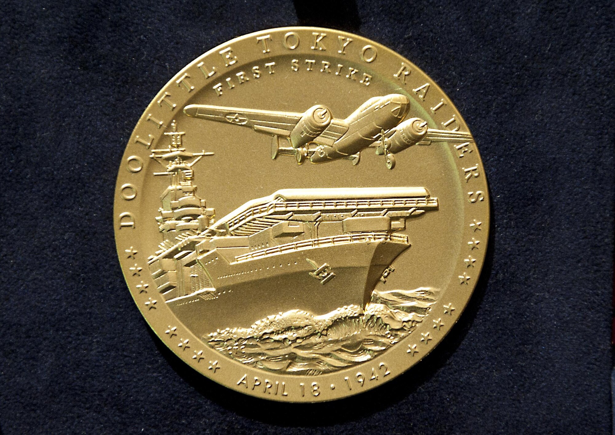 The Congressional Gold Medal was presented to the Doolittle Tokyo Raiders April 15, 2015, at the U.S. Capitol Visitor’s Center Emancipation Hall. The medal, created by the U.S. Mint, is the highest civilian honor Congress can give, on behalf of the American people, and was presented in recognition of the Doolittle Tokyo Raiders’ outstanding heroism and service to the U.S. during World War II. (U.S. Air Force photo/Tech. Sgt. Anthony Nelson)