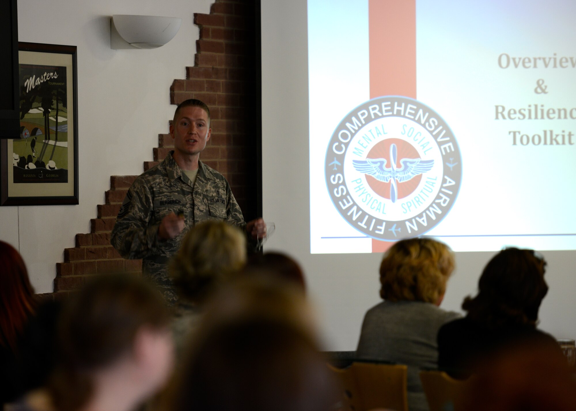 Senior Master Sgt. Joseph Berberich, 86th Medical Group clinical engineering superintendent and lead master resilience trainer, discusses the four pillars of Comprehensive Airman Fitness and how to relate them to resilience during a Ramstein spouses resilience training event April 14, 2015, at Ramstein Air Base, Germany. Dozens of spouses and leaders from across Ramstein attended the training. (U.S. Air Force photo/Staff Sgt. Kris Levasseur)