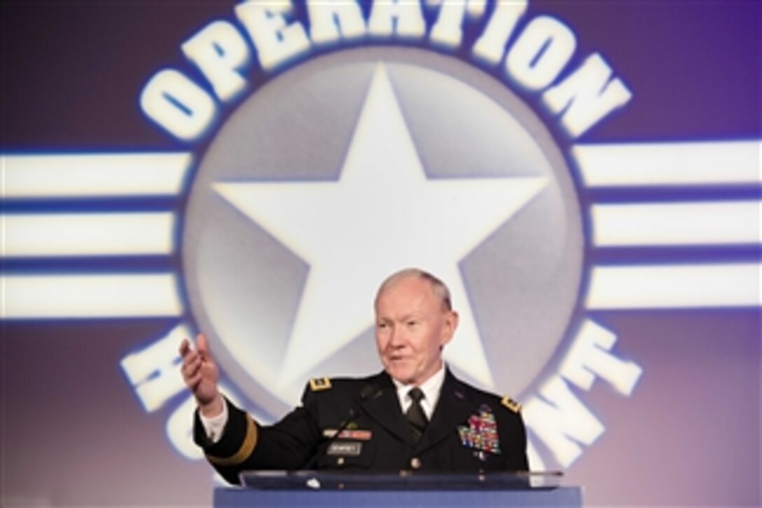 Army Gen. Martin E. Dempsey, chairman of the Joint Chiefs of Staff, makes remarks during the annual Military Child of the Year awards gala in Arlington, Va., April 16, 2015. The event recognizes outstanding military children representing each of the service branches.