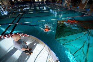 Tech. Sgt. Reid Allen, 86th Operations Support Squadron survival, evasion, resistance and escape specialist, teaches a water survival course April 13, 2015, at Ramstein Air Base, Germany.  The SERE training courses equip service members with survival techniques required for real-world emergency situations.  (U.S. Air Force photo/Senior Airman Nicole Sikorski)