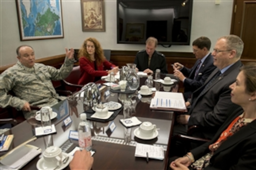 U.S. Deputy Defense Secretary Bob Work, center right, meets with U.S. Air Force Gen. Philip Breedlove, commander, Supreme Allied Command, Europe, SHAPE, Belgium and Headquarters, U.S. European Command, at Patch Barracks in Stuttgart, Germany, April 16, 2015, to discuss matters of importance to the U.S. European Command.