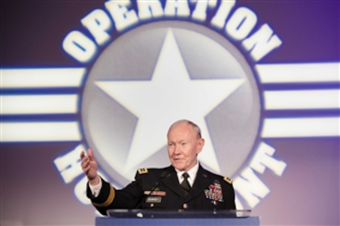 Army Gen. Martin E. Dempsey, chairman of the Joint Chiefs of Staff, makes remarks during the annual Military Child of the Year awards gala in Arlington, Va., April 16, 2015. The event recognizes outstanding military children representing each of the service branches.