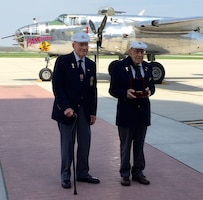 Doolittle Raiders Lt. Col. Dick Cole and Staff Sgt. David Thatcher pose with the Congressional Gold Medal after it arrived at Wright-Patterson AFB following a ceremonial flight on board the B-25 “Panchito.” (U.S. Air Force photo)