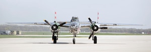 B-25 “Panchito,” owned by Larry Kelley and Lorie Thomsen, arrives at Wright-Patterson AFB following a ceremonial flight with the Doolittle Raiders Congressional Gold Medal on board. (U.S. Air Force photo by Will Haas)