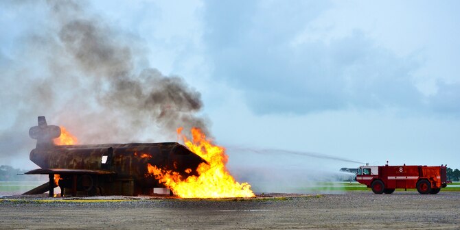 403rd Civil Engineer Squadron firefighters attempt to douse a blazing aircraft fire during an annual firefighting training exercise at the Gulfport-Biloxi International Airport, April 18. U.S. Air Force Photo/Master Sgt. Brian Lamar. 