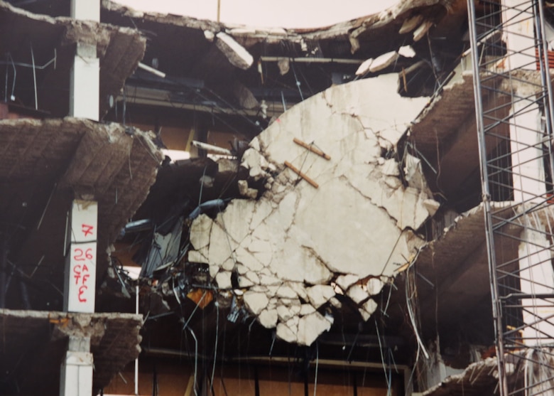This photo, provided by Mark Burkholder, shows the damage to the structure of the Murrah Building following the April 19, 1995 bombing in Oklahoma City. Tulsa District structural engineers were dispatched to monitor the building for falling debris and movement.