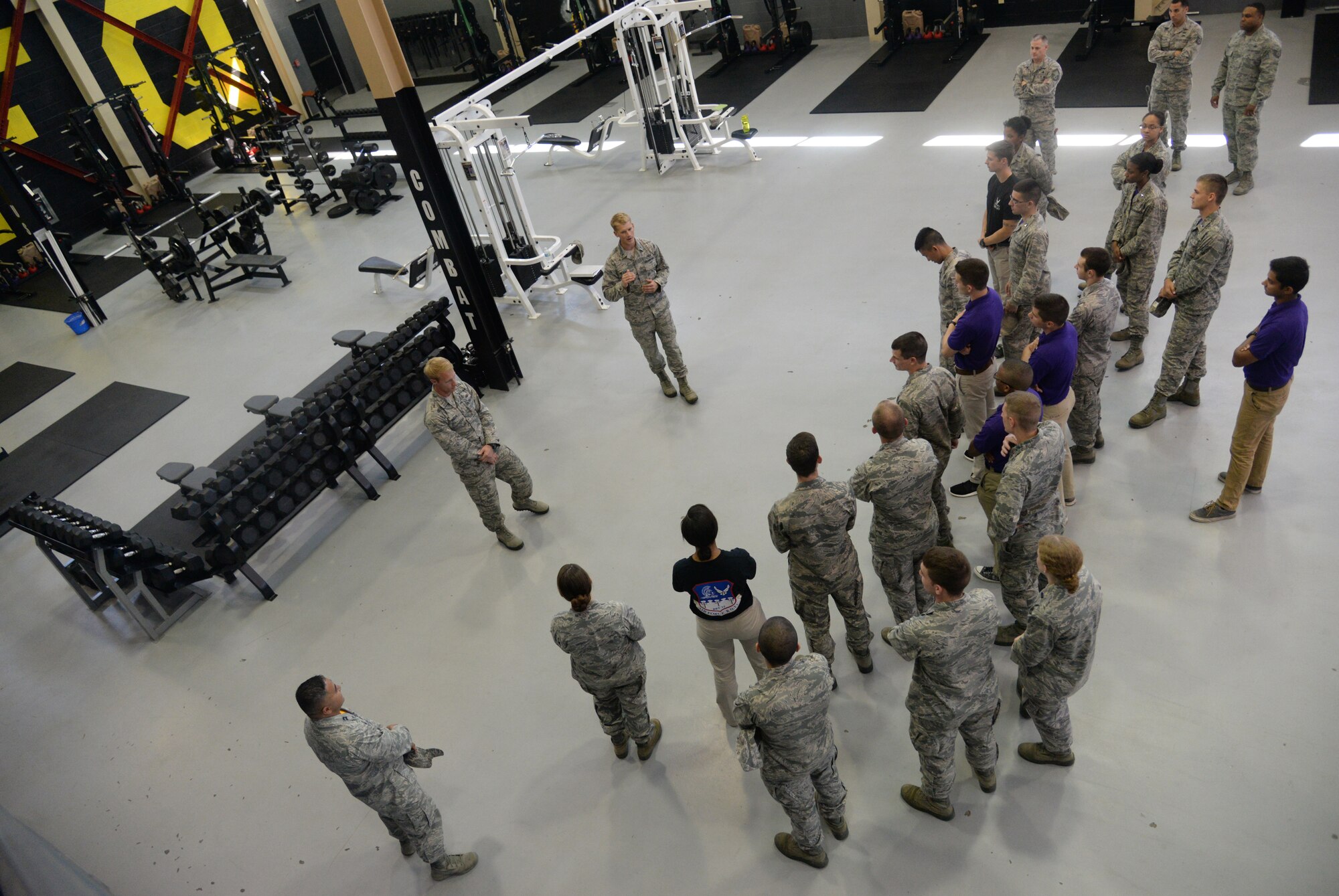 First Lt. Nathan Betcher and 2nd Lt. Trevor Fabian, 24th Special Operations Wing Special Tactics Training Squadron students, explain the importance of physical fitness to students of the Southeast and Southwest Region Air Force ROTC Detachments during the “Pathways to Blue” diversity outreach event April 17, 2015, Keesler Air Force Base, Miss. Hosted by 2nd Air Force, the event provides a way to demonstrate Keesler’s and Air Education and Training Command’s technical and flight training capabilities while informing cadets about career choices available in the Air Force when deciding what path to take after college. (U.S. Air Force photo by Senior Airman Holly Mansfield)