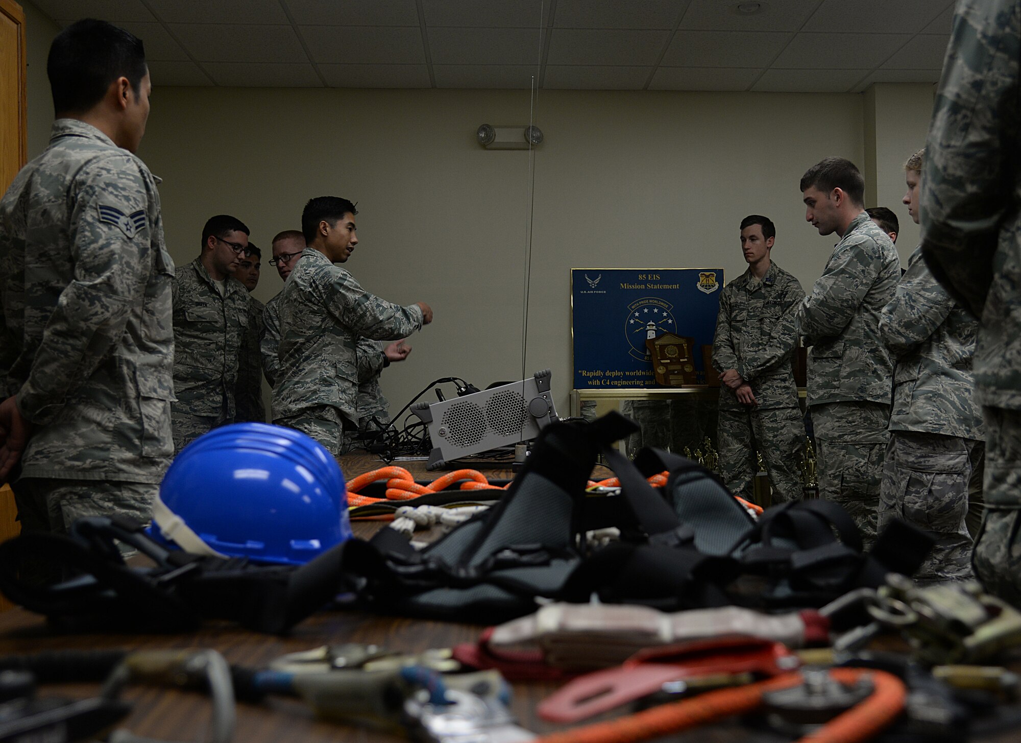 Second Lt. Joshua Embrador, 85th Engineering and Installation Squadron, presents equipment used for his job during the “Pathways to Blue” diversity outreach event April 17, 2015, Keesler Air Force Base, Miss. Hosted by 2nd Air Force, the event provides a way to demonstrate Keesler’s and Air Education and Training Command’s technical and flight training capabilities while informing cadets about career choices available in the Air Force when deciding what path to take after college. (U.S. Air Force photo by Senior Airman Holly Mansfield)