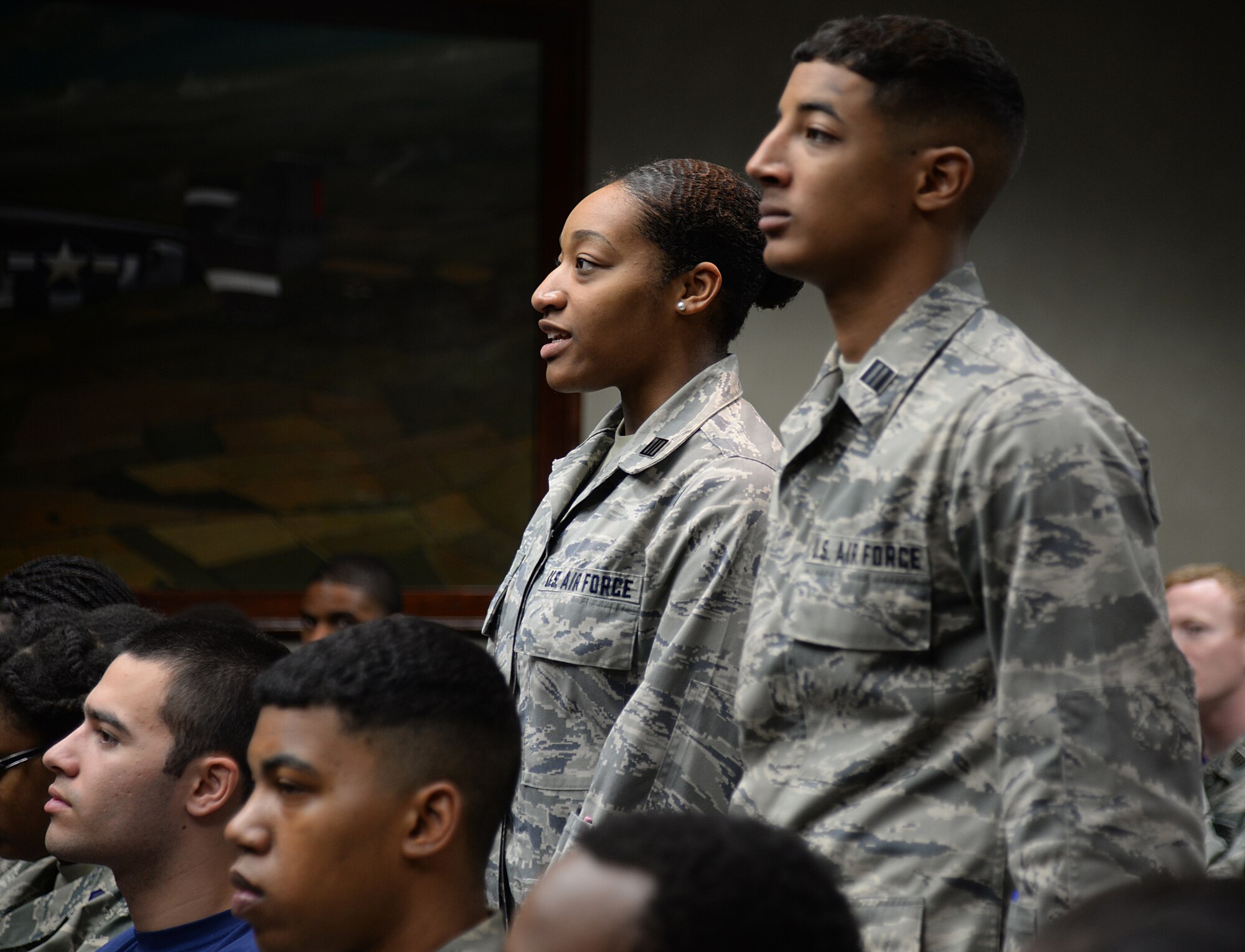 Students of the Southeast and Southwest Region Air Force ROTC Detachments ask Lt. Gen. Steven L. Kwast, Air University commander and president, questions during the “Pathways to Blue” diversity outreach event April 17, 2015, Keesler Air Force Base, Miss. Hosted by 2nd Air Force, the event provides a way to demonstrate Keesler’s and Air Education and Training Command’s technical and flight training capabilities while informing cadets about career choices available in the Air Force when deciding what path to take after college. (U.S. Air Force photo by Senior Airman Holly Mansfield)