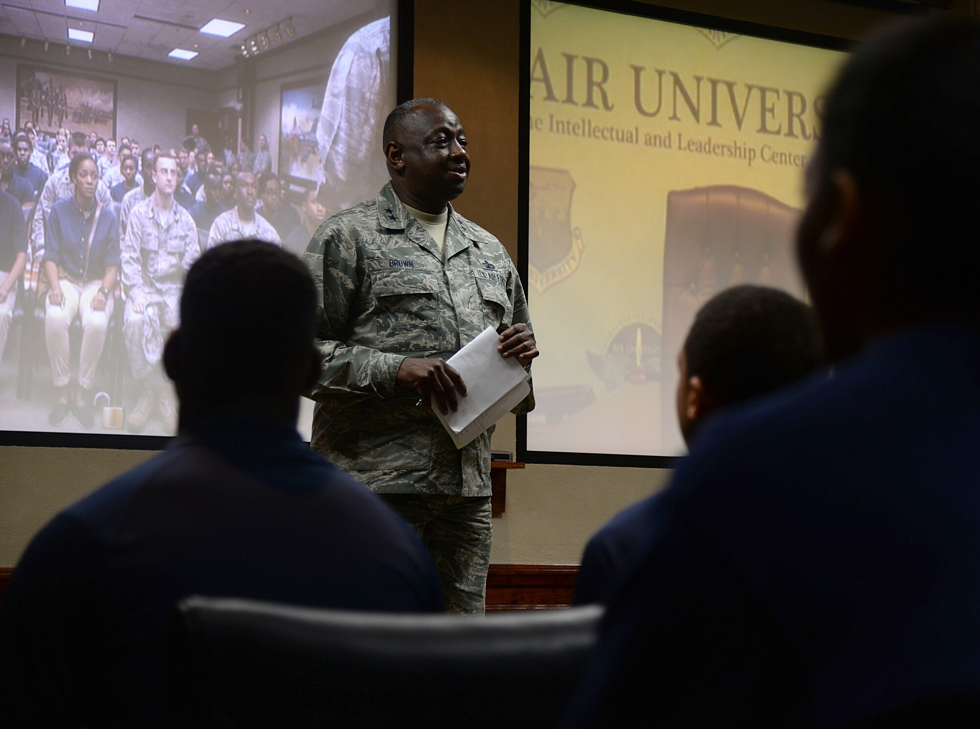 Students of the Southeast and Southwest Region Air Force ROTC Detachments listen to opening remarks from Maj. Gen. Mark Brown, 2nd Air Force commander, during the “Pathways to Blue” diversity outreach event April 17, 2015, Keesler Air Force Base, Miss. Hosted by 2nd Air Force, the event provides a way to demonstrate Keesler’s and Air Education and Training Command’s technical and flight training capabilities while informing cadets about career choices available in the Air Force when deciding what path to take after college. (U.S. Air Force photo by Senior Airman Holly Mansfield)