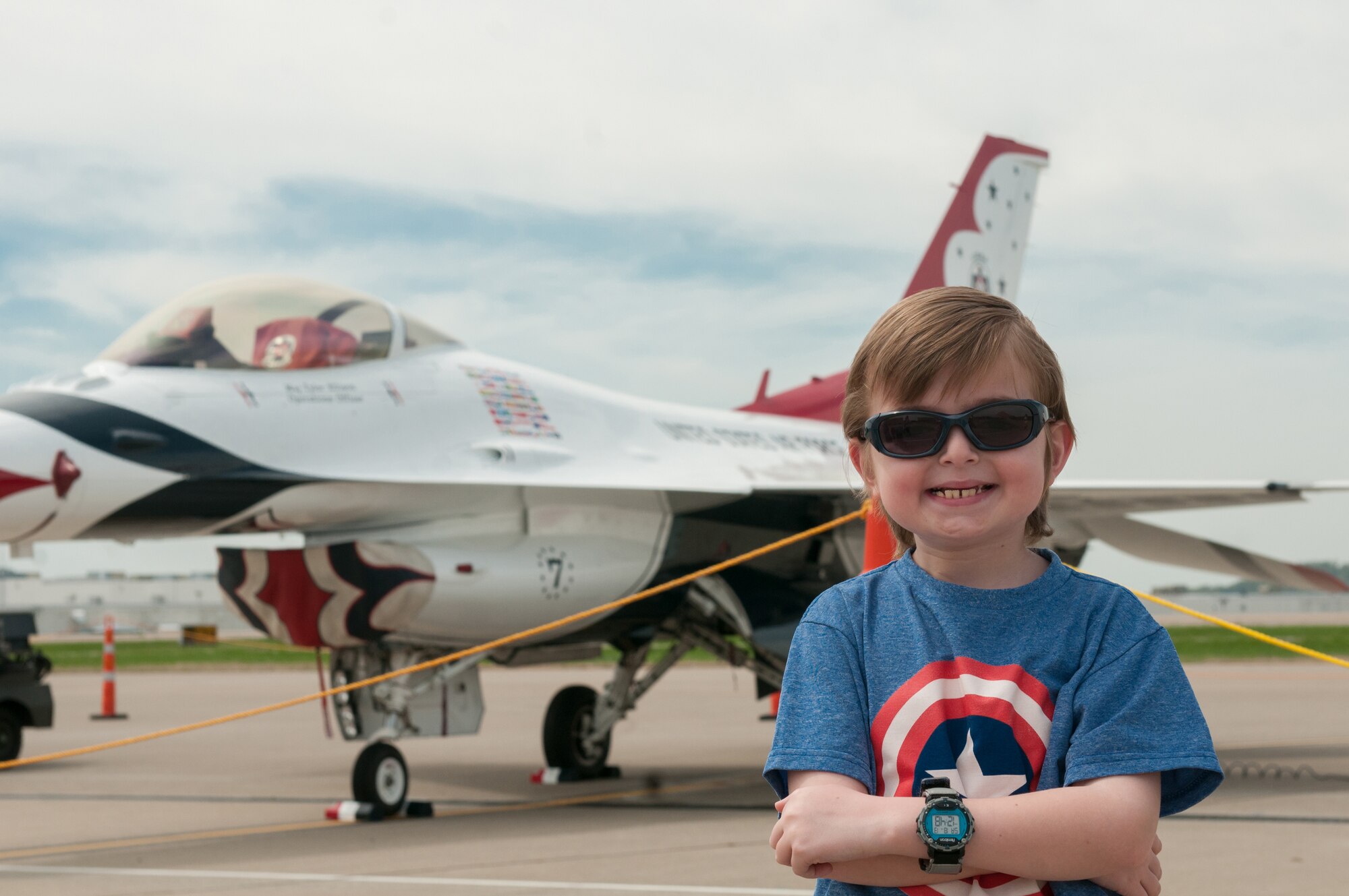 Nine-year-old Dawson Barr and his family visit the Kentucky Air National Guard's 123rd Airlift Wing to view aircraft that will be flown in the annual Thunder Over Louisville Air Show, in Louisville, Ky., April 18, 2015. Dawson has been battling cancer his entire life and currently has an inoperable brain tumor, making him legally blind in both eyes. (U.S. Air National Guard photo by 2nd Lt. James W. Killen)
