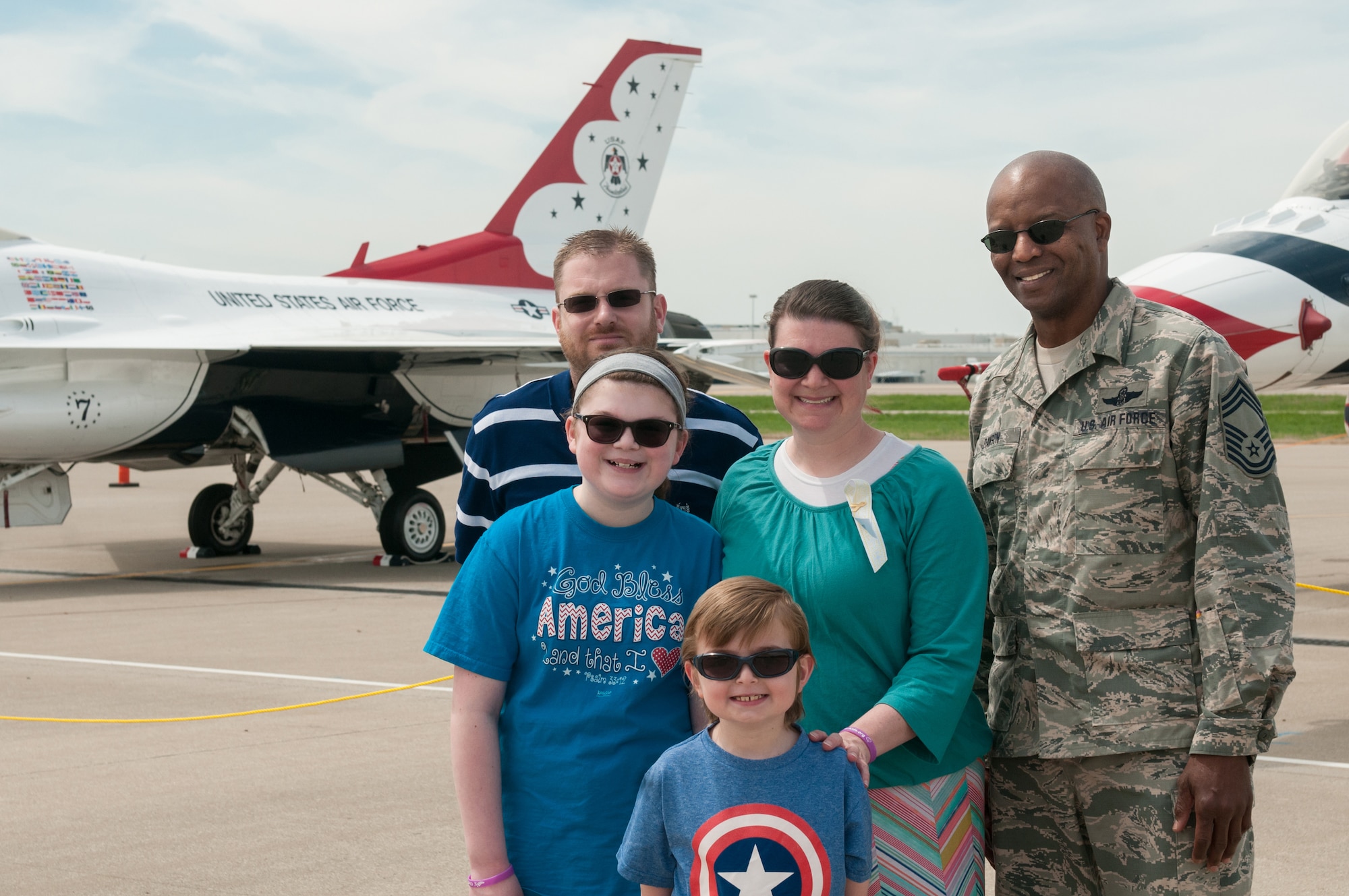 Nine-year-old Dawson Barr and his family visit the Kentucky Air National Guard's 123rd Airlift Wing to view aircraft that will be flown in the annual Thunder Over Louisville Air Show, in Louisville, Ky., April 18, 2015. Dawson has been battling cancer his entire life and currently has an inoperable brain tumor, making him legally blind in both eyes. (U.S. Air National Guard photo by 2nd Lt. James W. Killen)