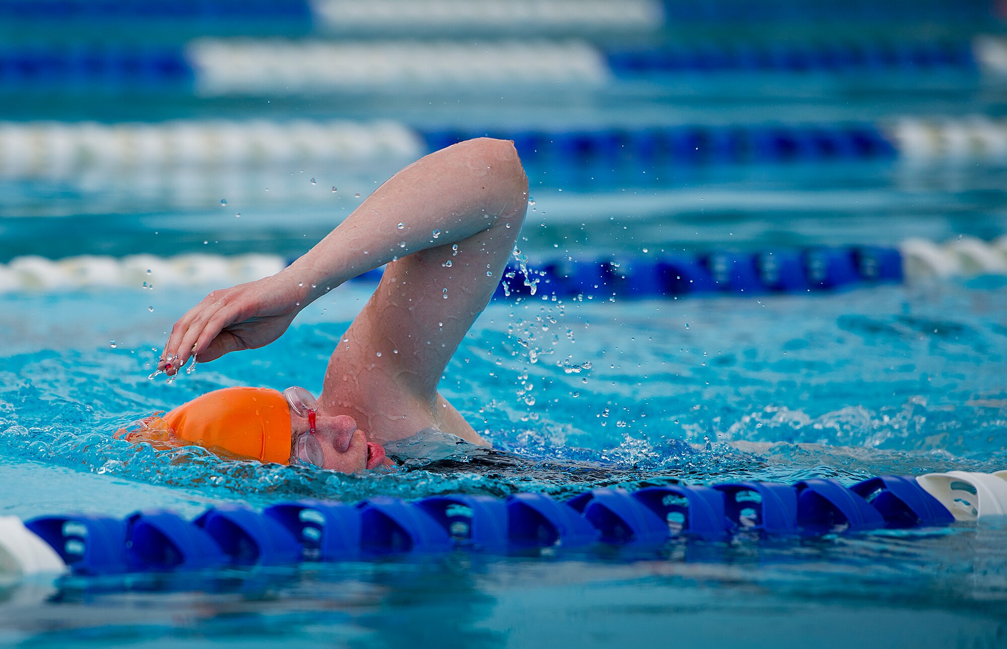Melissa Gonzales, an Air Force Wounded Warrior athlete, swims laps during the first day of the Warrior Games training camp at Eglin Air Force Base, Fla., April 18. The five-day training camp for the Air Force’s athletes serves as their last practice session before the Warrior Games June 19-28. (U.S. Air Force photo/Samuel King Jr.)