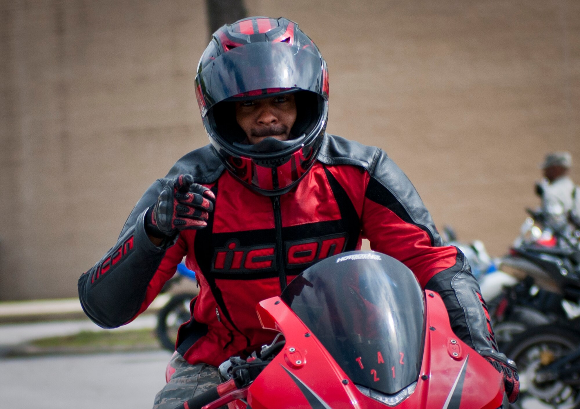 A biker rides away after the base’s annual motorcycle safety rally April 17 at Eglin Air Force Base, Fla.  Approximately 600 civilian and military riders rode in for the joint 53rd Wing/96th Test Wing event.  (U.S. Air Force photo/Samuel King Jr.)