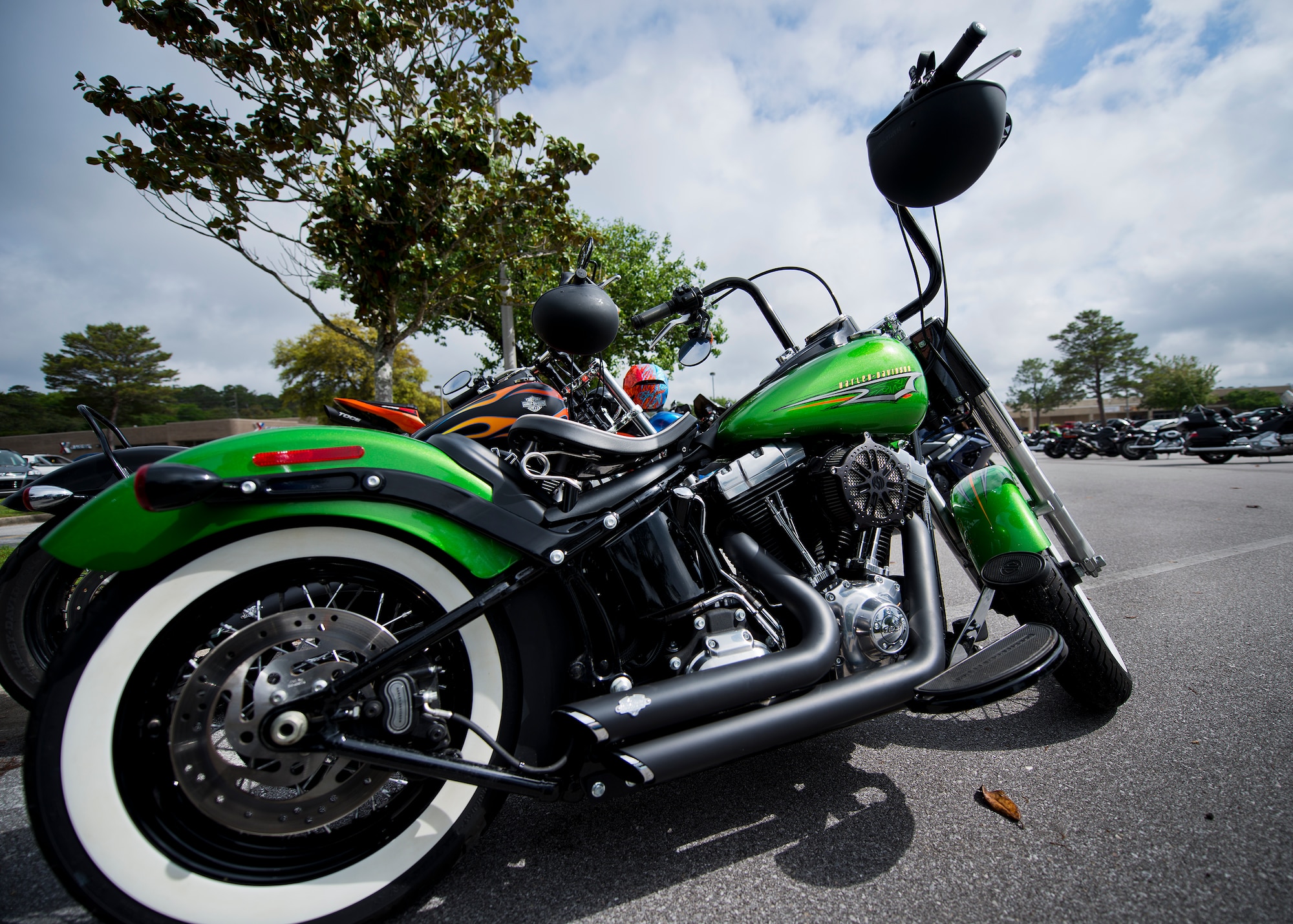 A green Harley Davidson with white-wall tires was one of the many bikes on display outside the Enlisted Heritage Hall during the base’s annual motorcycle safety rally April 17 at Eglin Air Force Base, Fla.  Approximately 600 civilian and military riders rode in for the joint 53rd Wing/96th Test Wing event.  (U.S. Air Force photo/Samuel King Jr.)