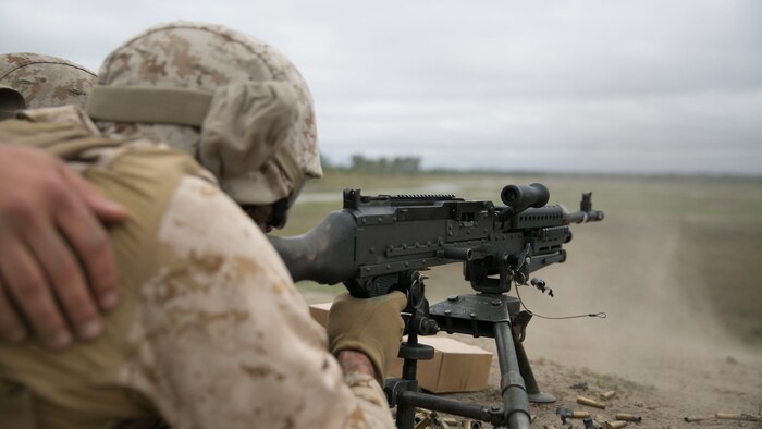 A Marine with 8th Engineer Support Battalion, 2nd Marine Logistics Group, fires an M240 Bravo medium machine gun during a live-fire training exercise at a multipurpose machine gun range at Marine Corps Base Camp Lejeune, North Carolina, April 14, 2015. When on the machine gun range, the Marines were refamiliarized with all facets of weapons handling. 