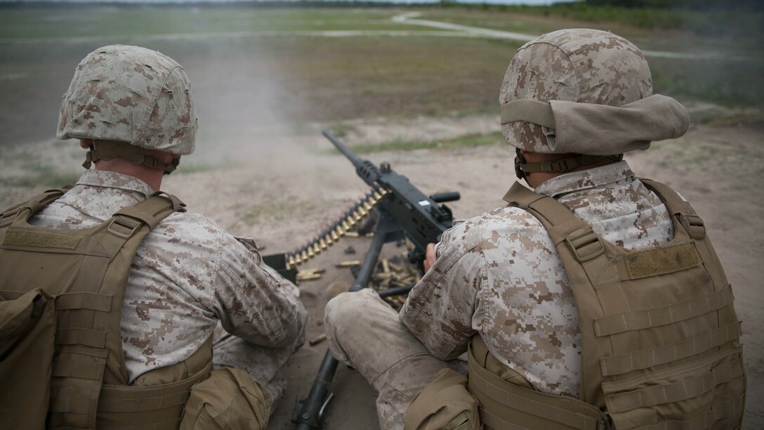 Marines with 8th Engineer Support Battalion, 2nd Marine Logistics Group fire at targets over 300 meters away with the M2 .50-caliber machine gun during a live-fire training exercise at a multipurpose machine gun range at Marine Corps Base Camp Lejeune, North Carolina, April 14, 2015. The hard work, time and effort put into the training helps the Marine Corps maintain mission readiness consistently by providing Marines with knowledge and experience, and strengthens their ability to work effectively in real situations by maintaining unit cohesion, said Bradley Marsh, an 8th ESB motor transportation Marine.