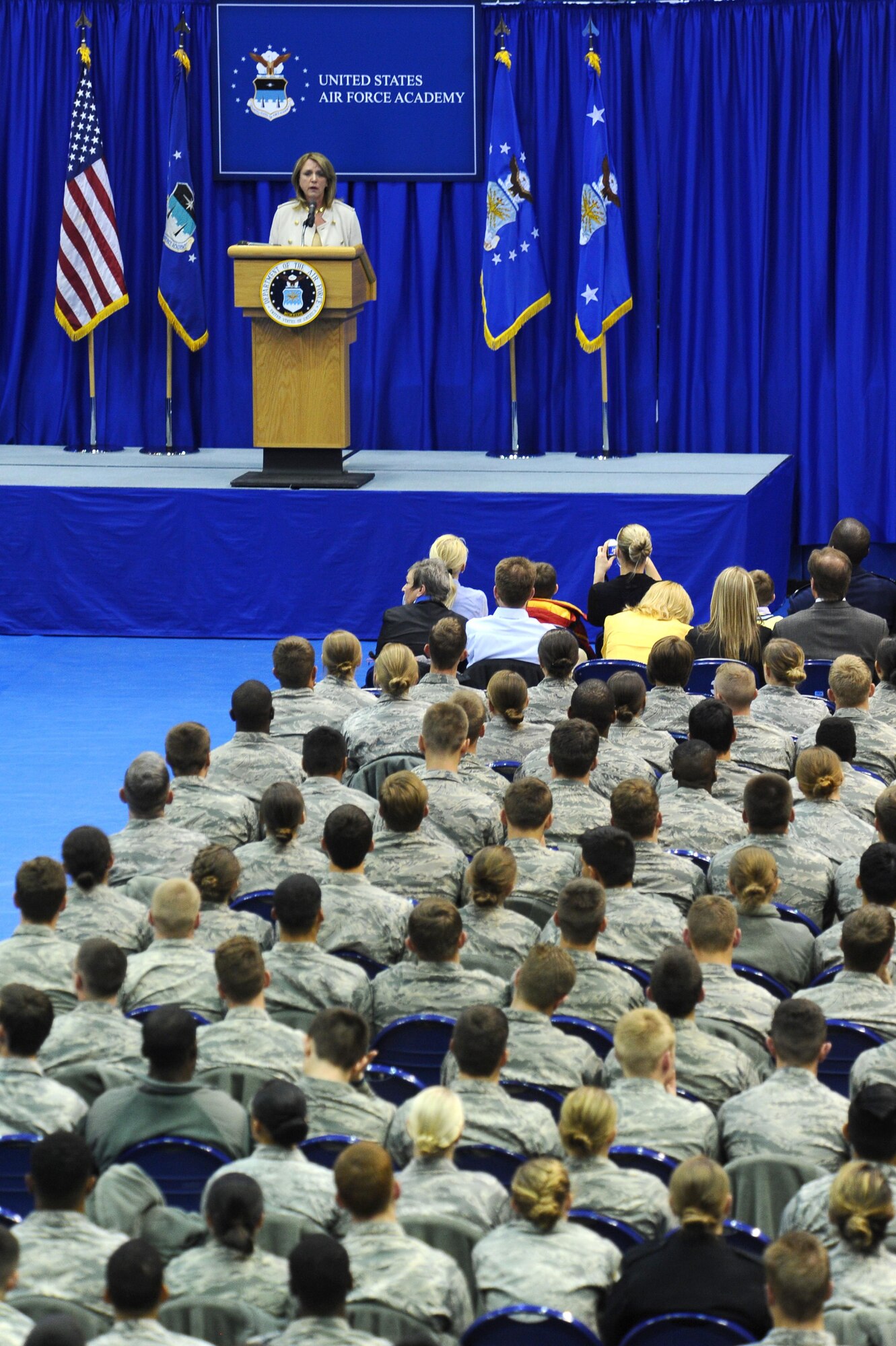 Secretary of the Air Force Deborah Lee James speaks to U.S. Air Force Academy cadets April 16, 2015, in the Academy’s Clune Arena, Colorado, during the Academy's second annual Take Back the Night event. The secretary told cadets that if a wingman is in trouble they have to say "no" to crude behavior, hazing and being silent. (U.S. Air Force photo/Master Sgt. Kenneth Bellard) 