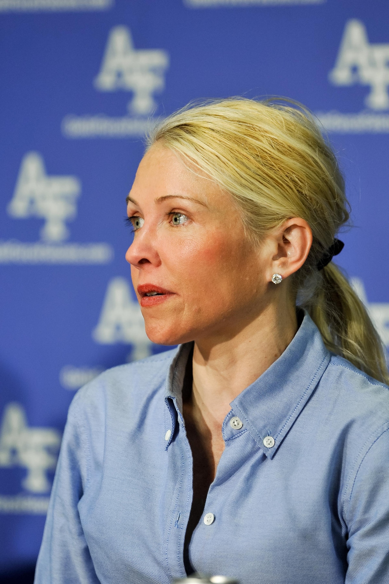 Katie Koestner, the executive director of the Take Back the Night Foundation, encouraged U.S. Air Force Academy cadets to know their part in ending sexual violence at the Academy's second annual Take Back the Night event, April 16, 2015, at the Academy’s Clune Arena, Colorado. (U.S. Air Force photo/Liz Copan)