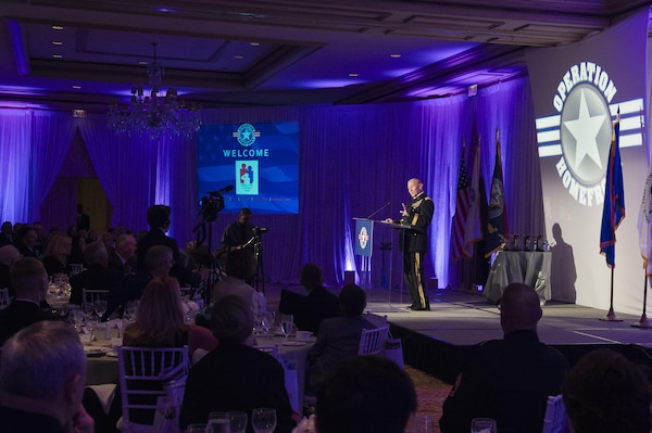 18th Chairman of the Joint Chiefs of Staff Gen. Martin E. Dempsey makes remarks during the 2015 Military Child of the Year Awards Gala, in Arlington, Va., April 16, 2015. The awards gala is held to recognize outstanding military children - one nominated for each of the service branches.