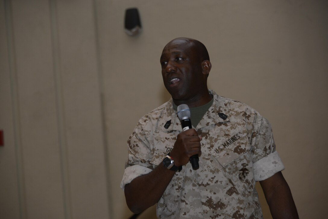 MARINE CORPS BASE QUANTICO, Va. -- Sergeant Major of the Marine Corps, Sgt. Maj. Ronald L. Green speaks with the staff noncommissioned officers of Marine Corps Base Quantico on April 2 at Little Hall. Green spoke with enlisted Marines on Quantico in three peer groups throughout the afternoon. (Official Marine Corps Photo by Staff Sgt. Rebekka S. Heite/Released)