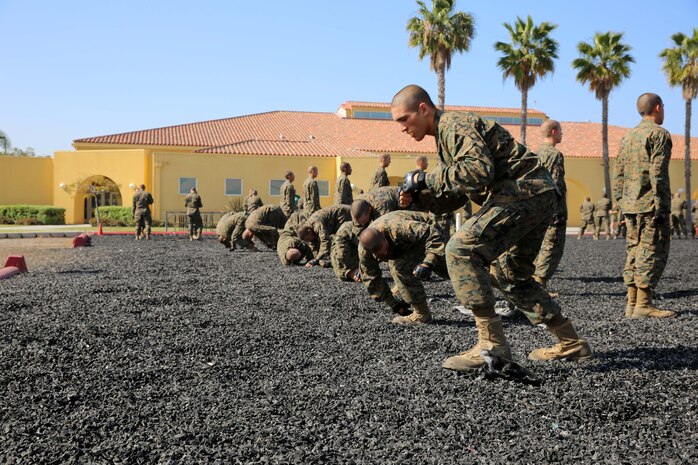Recruits of Golf Company, 2nd Recruit Training Battalion, perform forward combat rolls during the Marine Corps Martial Arts Program test at Marine Corps Recruit Depot San Diego, April 15. Recruits of Company G were tested on various chokes, counters and knife techniques in order to earn MCMAP tan belts. Today, all male recruits recruited from recruiting stations west of the Mississippi are trained at MCRD San Diego. The depot is responsible for training more than 16,000 recruits annually. Company G is scheduled to graduate from recruit training on May 8.