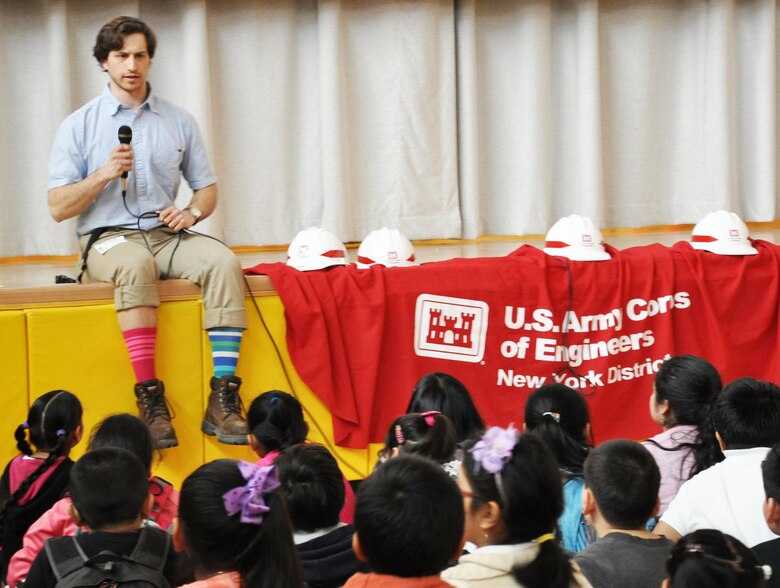 Ian Pumo, civil engineer, U.S. Army Corps of Engineers, New York District interacts with students at a NYC public school and speaks about the importance of STEM.