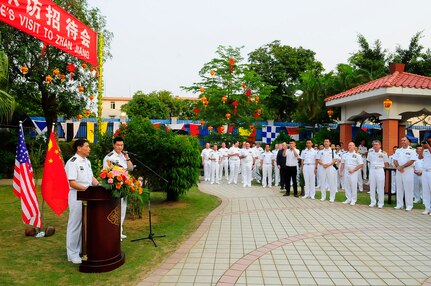 ZHANJIANG, People's Republic of China (Apr. 20, 2015)- People's Liberation Army Navy Vice Adm. Shen Jinlong, commander, South Sea Fleet, delivers remarks during a welcome reception for the U.S. 7th Fleet's flagship USS Blue Ridge (LCC-19) visit to Zhanjiang. Blue Ridge is conducting the port visit to build naval partnerships with China's South Sea Fleet to ensure peace and prosperity for the entire region. 