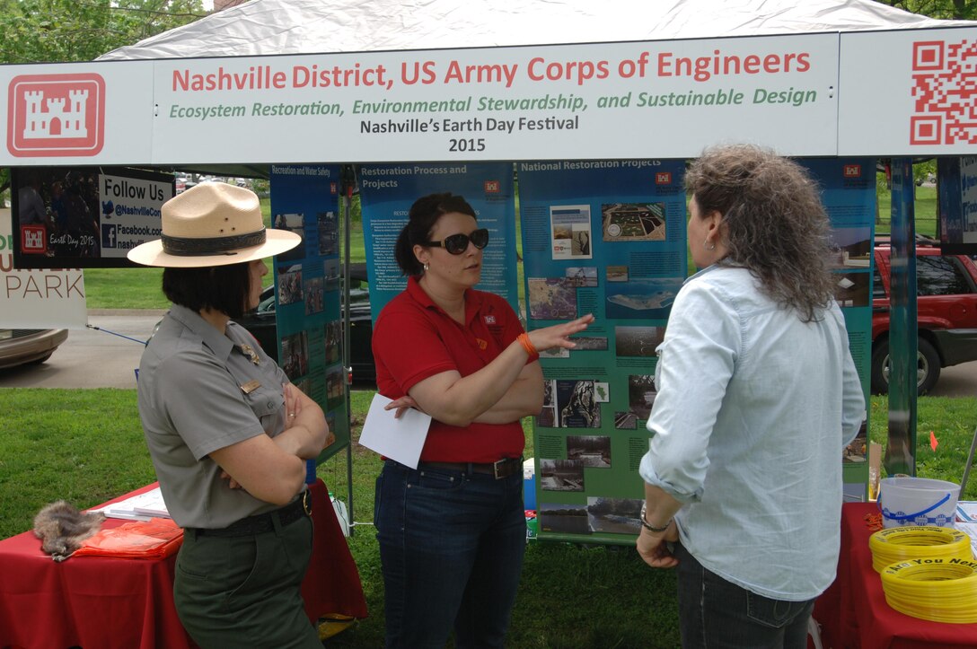 Biologist Mary Lewis (Center) and Park Ranger Amy Redmond (Left) provides information to a woman during the Nashville Earth Day Festival April 18, 2015 at Centennial Park. The Corps educated the public today about clean power, sustainability, restoration, water quality and water management.