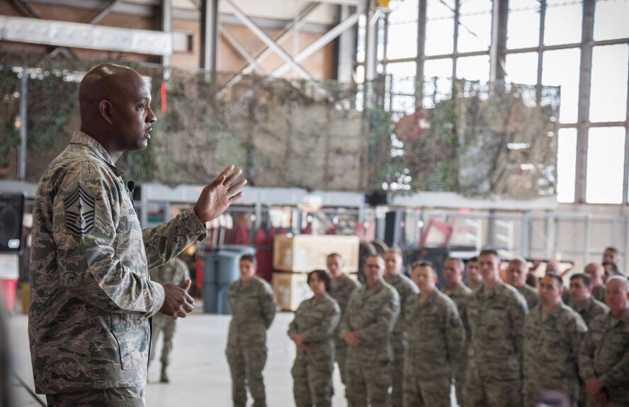 Command Chief Master Sgt. Cameron Kirksey, Air Force Reserve Command command chief, holds a Q&A session with members of the 934th Airlift Wing during a visit to the Minneapolis-St. Paul Air Reserve Station, Minn. The visit allowed Chief Kirksey to personally see what the 934 AW has to offer, as well as afford an opportunity for reserve and civilian personnel to directly address the Chief regarding benefits and challenges of serving in the Air Force Reserve. (U.S. Air Force photo by Shannon McKay/Released)