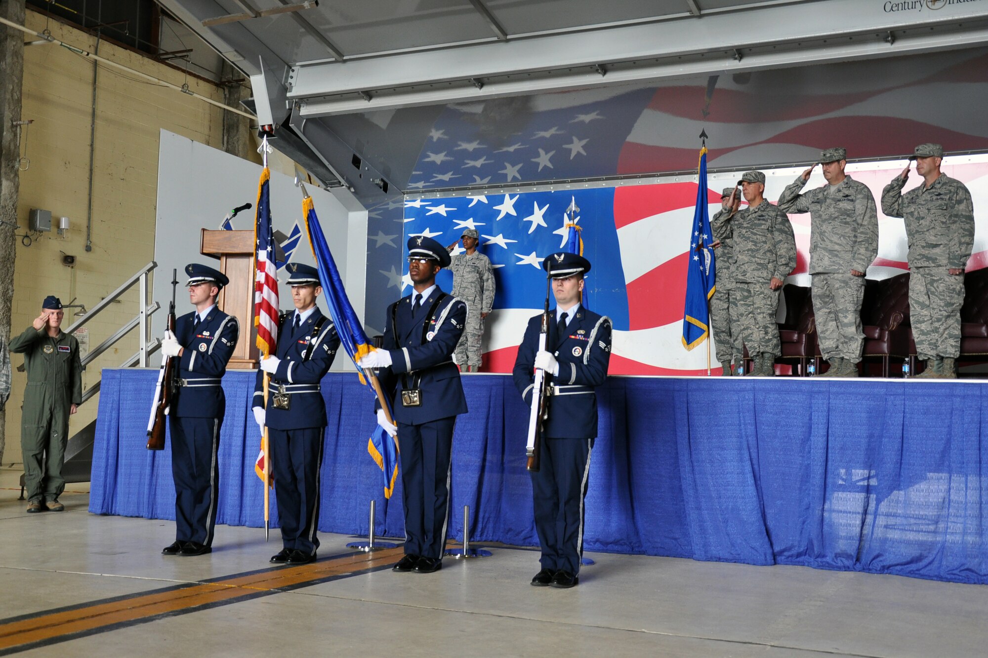 Members of the 4th Fighter Wing Honor Guard awaiting the start of the 916th Air Refueling Wing Change of Command Ceremony at 0916 hours on April 18, 2015.