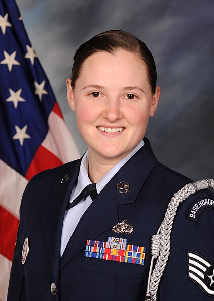 Staff Sgt. Alexandra Crawley, Force Support Squadron Honor Guard program manager was named best in the Air Mobility Command for the year 2014. She will continue on to compete at the Air Force level. (U.S. Air Force Photo by Senior Airman Xavier Navarro/released)