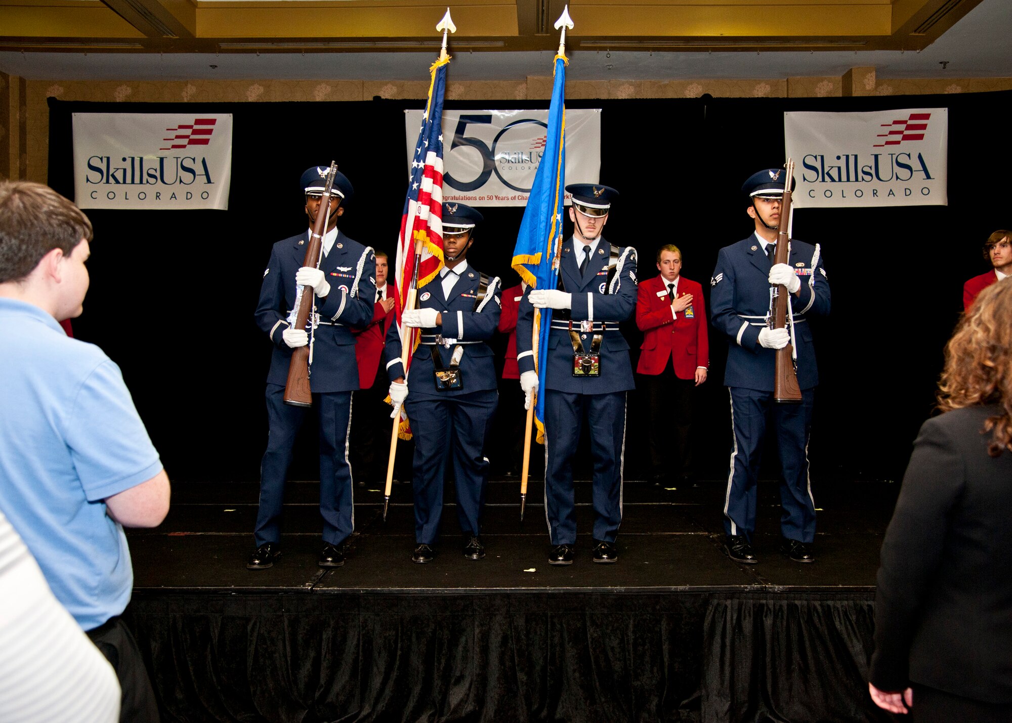 PETERSON AIR FORCE BASE, Colo. – Ceremonial guardsmen from the High Frontier Honor Guard present the colors April 8, 2015. The High Frontier Honor Guard attends various events including presenting the colors for official events, retirements and military funerals. The unit’s area of responsibility includes Colorado, Kansas, Utah and Wyoming. (U.S. Air Force photo by Senior Airman Tiffany DeNault)