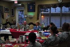 Chief Master Sgt. of the Air Force James A. Cody mentors non-commissioned officers over dinner during a visit to Joint Task Force - Bravo, Soto Cano Air Base, Honduras, April 14, 2015. The Air Force's senior enlisted member, Cody came to thank JTF-B service members for their contributions to the Department of Defense mission, provide senior-leader perspective on top issues affecting Airmen, and answer questions. (U.S. Air Force photo by Capt. Christopher Love)